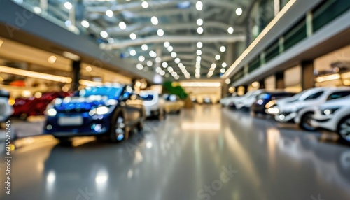 background of blurred new cars dealership salon