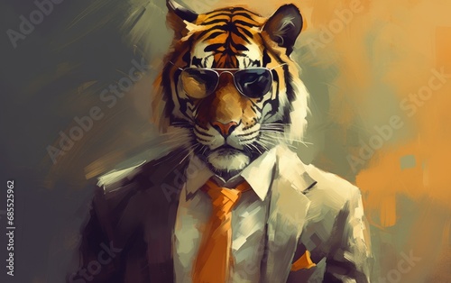 tiger animal in the form of a man in a suit and sunglasses, a good leader, the boss, director, generative ai photo