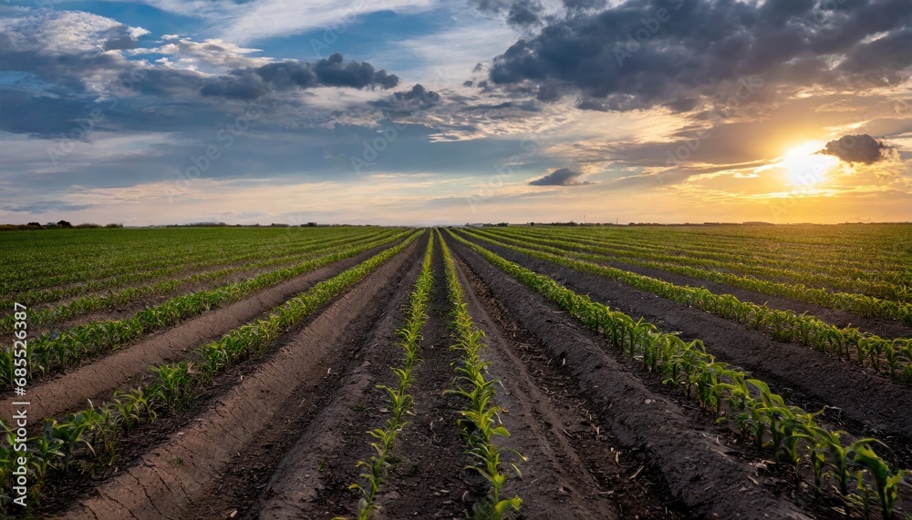 Agriculture shot rows of young corn plants growing on a vast field 