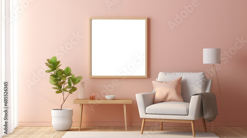 Minimal modern home design with warm furniture colors  poster frame mockup on bright interior background