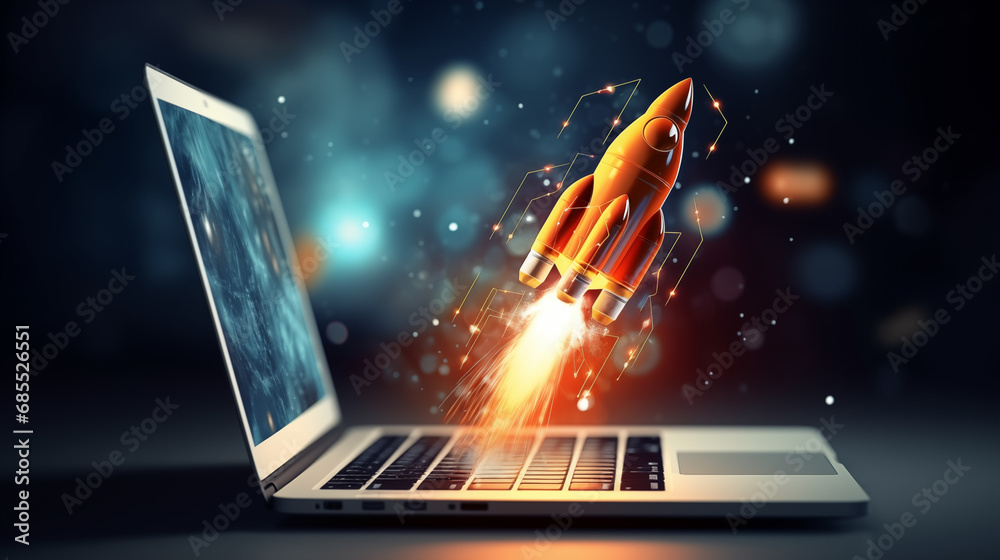 Digital Liftoff: Navigating Business Ascent with Laptop Rockets - Igniting Your Startup Dreams! - obrazy, fototapety, plakaty 