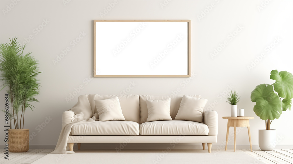 Minimal modern home design with warm furniture colors, poster frame mockup on bright interior background Minimal modern home design with warm furniture colors, poster frame mockup on bright interior background