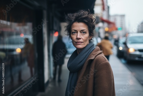 Portrait of a middle-aged woman in a city street.