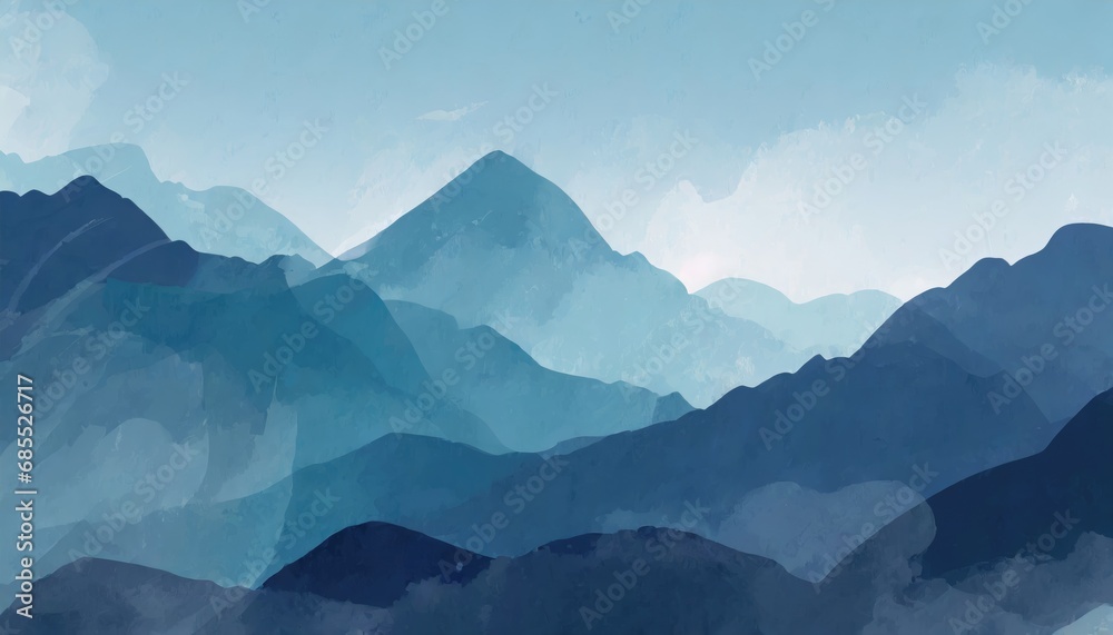 Naklejka premium Blue mountain background. landscape background design with watercolor brush texture. Wallpaper design, Wall art for home decor and prints