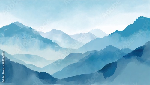 Blue mountain background. landscape background design with watercolor brush texture. Wallpaper design, Wall art for home decor and prints © Marko