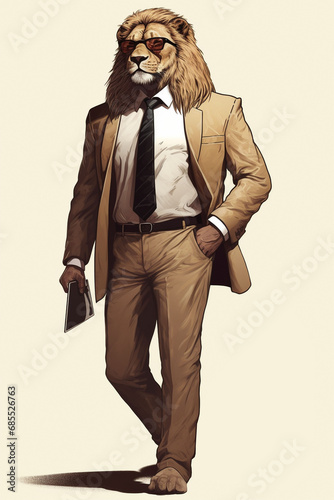 lion animal in the form of a man in a suit and sunglasses, a good leader, the boss, director, generative ai