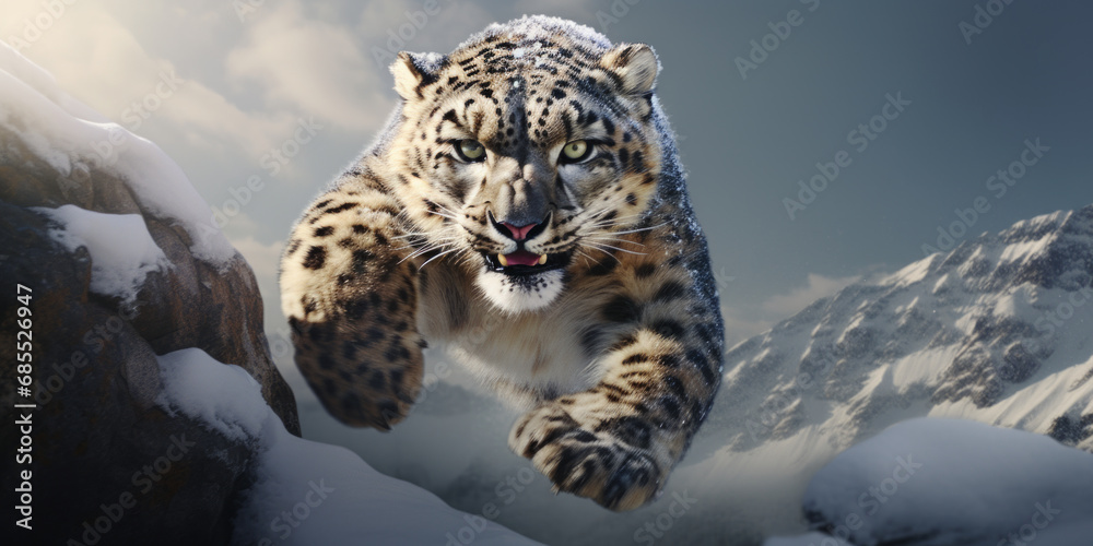 Fototapeta premium Angry snow leopard running at camera.