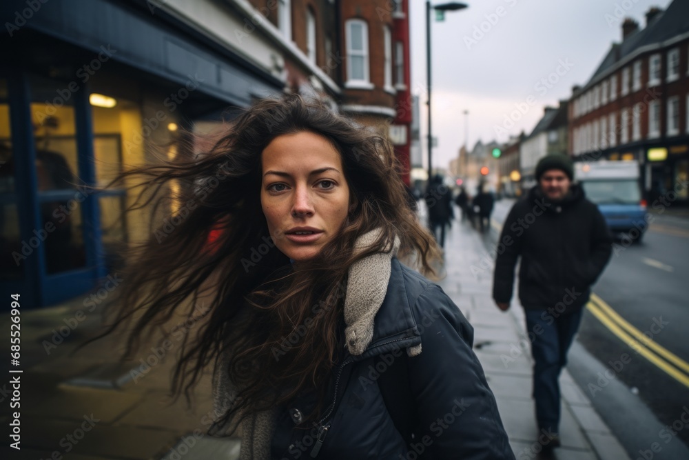 Beautiful young brunette with long hair posing in an urban context