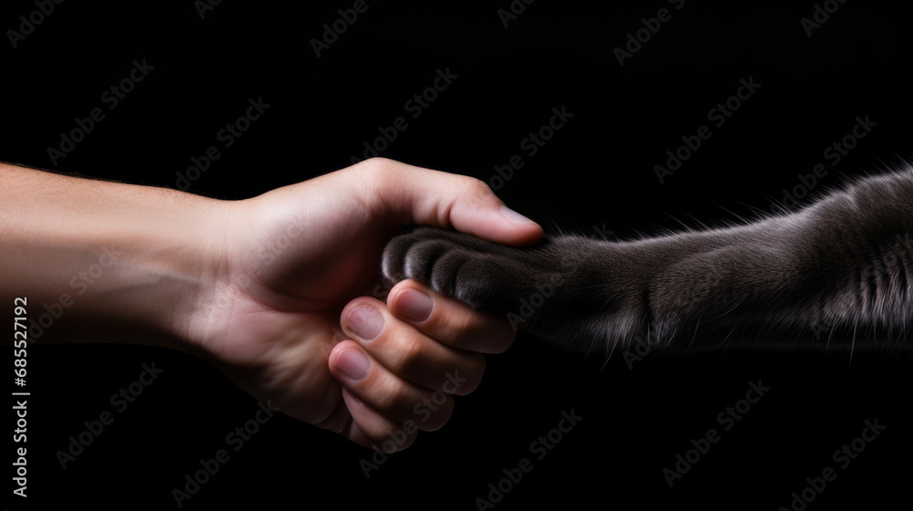 Handshake of human hand and panther. Animal and human handshake. Human hand and animal paw. Collaboration between human and nature and animals. Isolated on black background Handshake of human hand and panther. Animal and human handshake. Human hand and animal paw. Collaboration between human and nature and animals. Isolated on black background