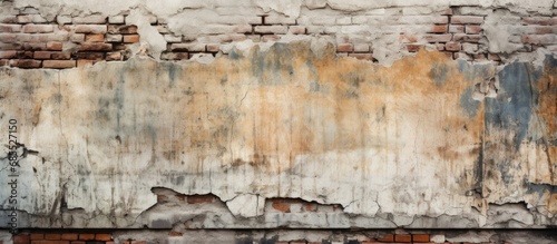 The old urban wall stood tall, its weathered surface displaying a grunge texture that added character to the aged concrete structure, with brickwork peeking through the cracks of the cement, creating
