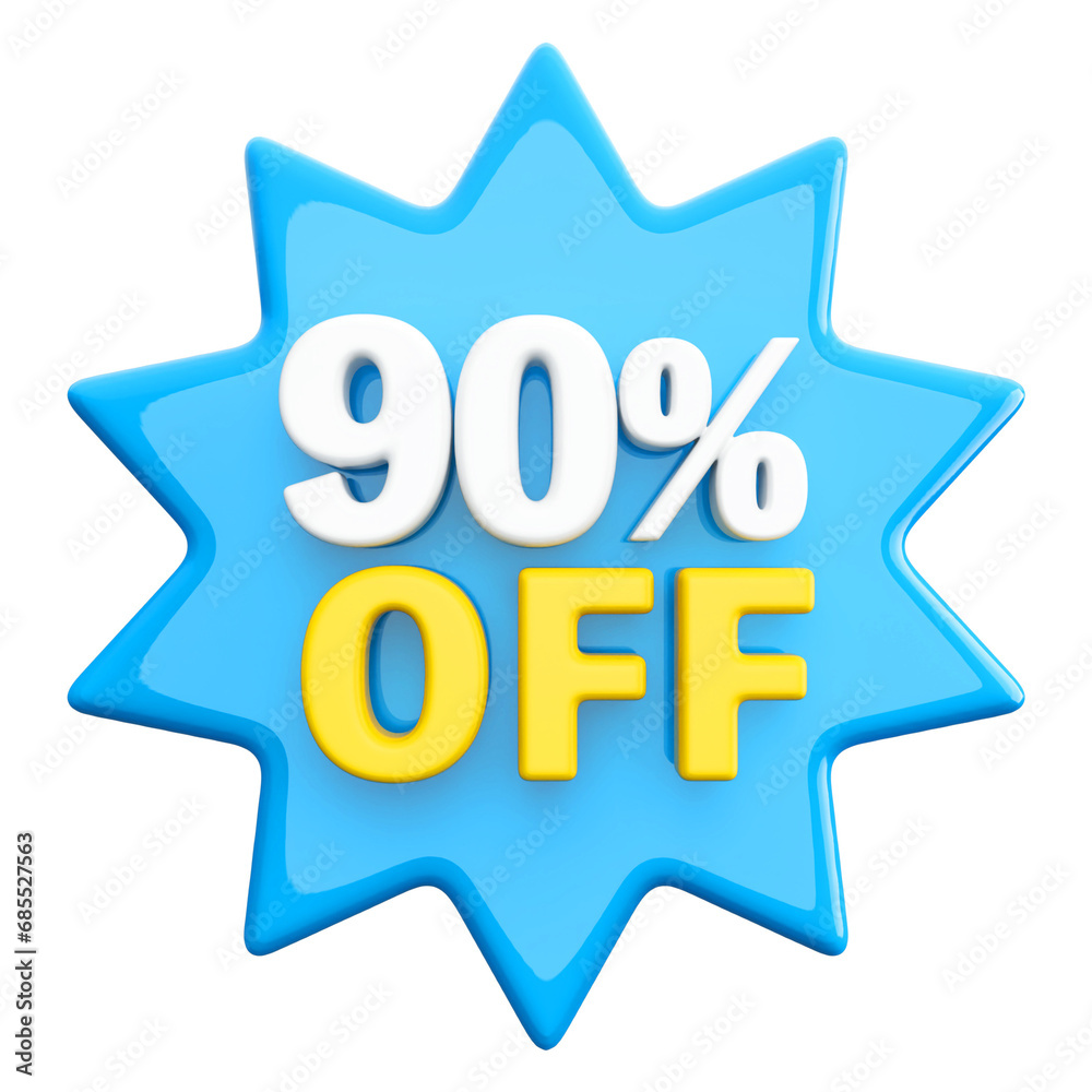 Special 90 percent off sale with number 3d render blue tag label