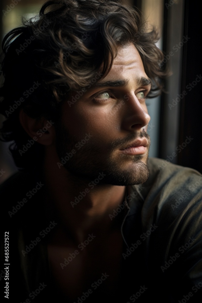 Fototapeta premium The handsome individual gazing into the distance, lost in thought. The HD camera captures the raw emotion on their face, highlighting their intelligence and depth.