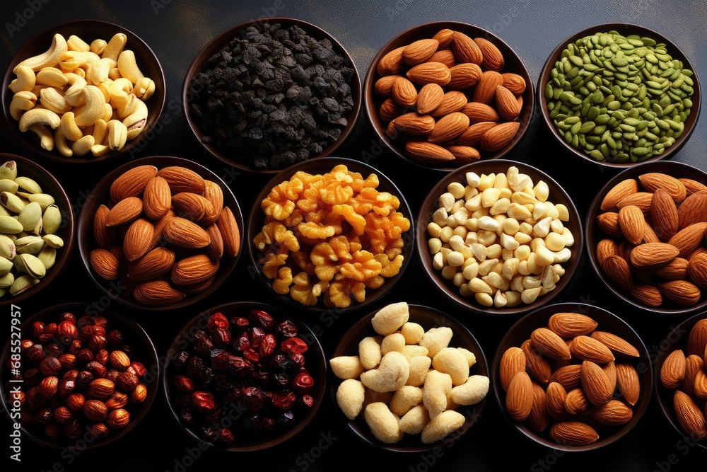 Background from various nuts and dried fruits, top view.