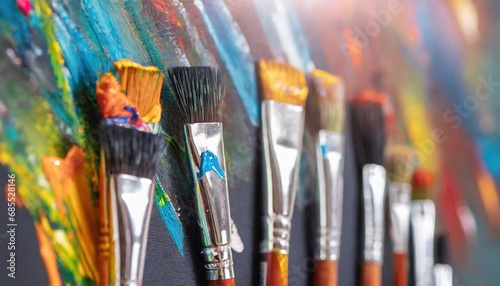 Colorful paint brush splashes on canvas. Row of artist paintbrushes closeup on artistic canvas