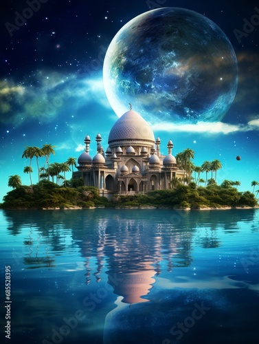 Magical mosque and surreal art image with a magnificent summer sky as a background  generative ai