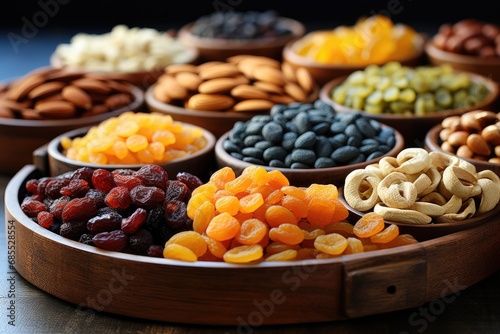 Background from various nuts and dried fruits. Cashews, hazelnuts, peanuts, dried apricots, viburnum, raisins.