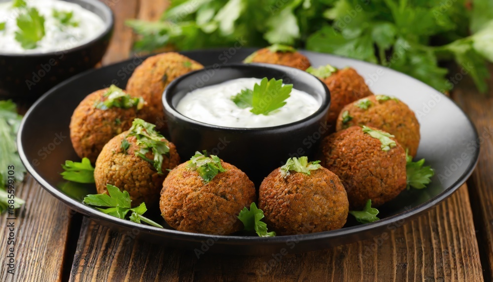Fresh falafel with parsley and tzatziki sauce in black plate on wooden table