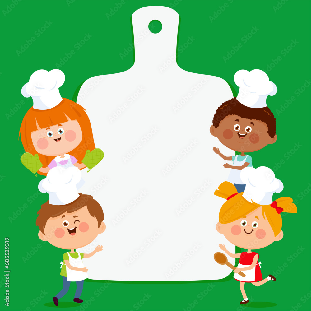 Cutting board background with diverse group of children chefs. Children cooks with cooking hats and chopping board banner. Vector illustration Cutting board background with diverse group of children chefs. Children cooks with cooking hats and chopping board banner. Vector illustration