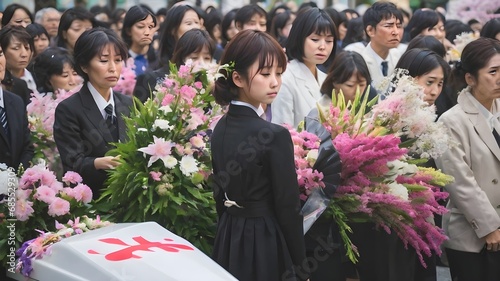 Sad Asian Woman In Funeral Ceremony Background