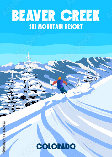 Beaver Creek Ski Travel resort poster vintage. Colorado USA winter landscape travel card