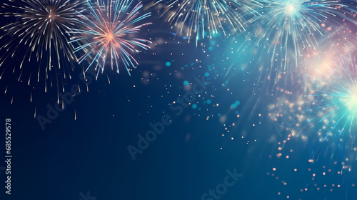 Fireworks colorful explosions on blue, festive background with copy space,PPT background