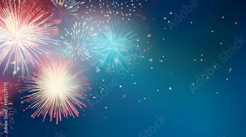 Fireworks colorful explosions on blue  festive background with copy space PPT background