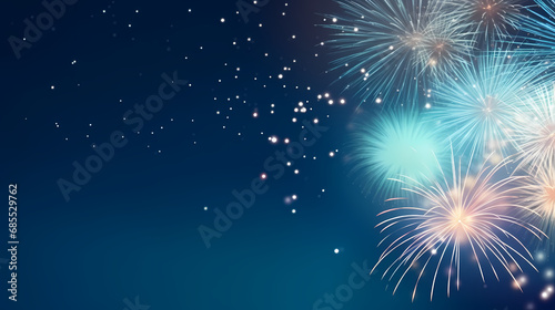 Fireworks colorful explosions on blue, festive background with copy space,PPT background