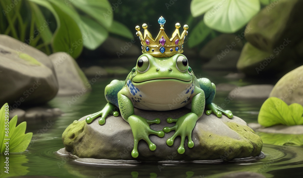 A 3d rendered cartoon character depicting a frog prince or princess adorned with a crown, comfortably seated in the water