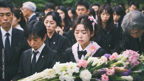 Sad Asian Woman In Funeral Ceremony Background photo