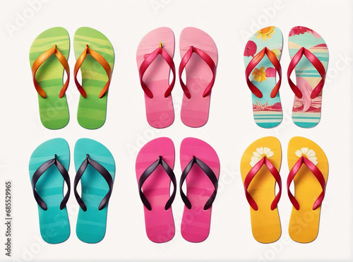 Assortment of lively summer flip-flop sandals slippers in various designs and colors, beach footwear set against a white background