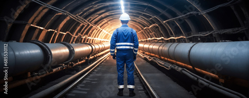A diligent tunnel worker inspects an underground sewer tunnel, thoroughly examining a pipeline to ensure its integrity photo