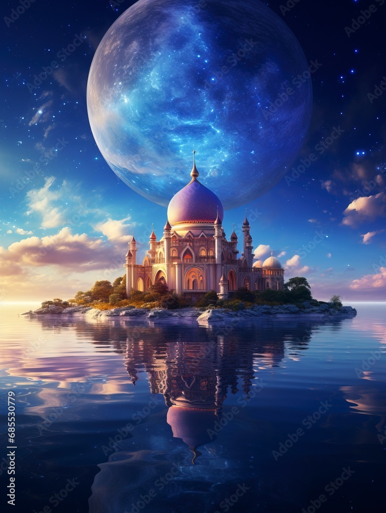 Magical mosque and surreal art image with a magnificent summer sky as a background, generative ai