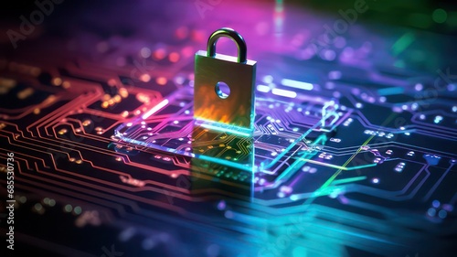 Cyber security concept. Padlock on circuit board background. Rainbow neon wallpaper.