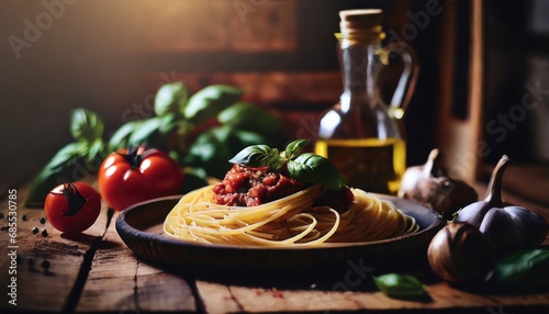 Italian spaghetti on rustic wooden table