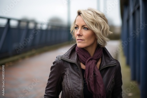 Portrait of a beautiful middle-aged woman with short blonde hair wearing a leather jacket © Nerea
