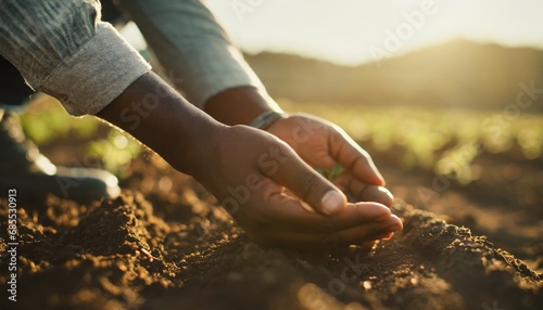Male hands touching soil on the field