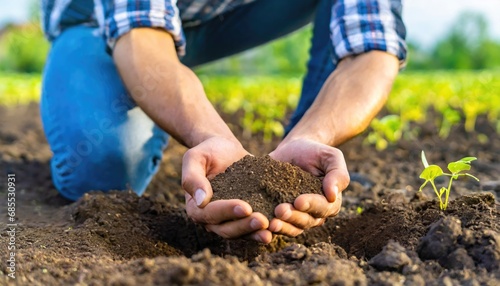 Male hands touching soil on the field