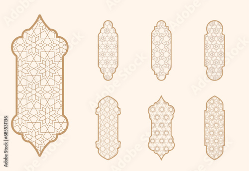 Islamic window shape with mashrabiya pattern. Arabic door frame. Islamic arhitecture elements of window and door and mashrabiya pattern. photo