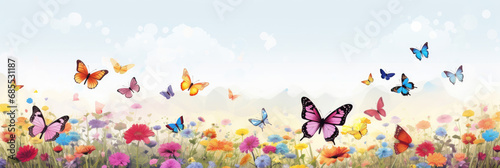 Vibrant meadow with colorful butterflies and blooming flowers under a soft sky #685531187