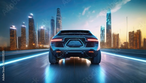 Riding wireframe car concept on the road and futuristic city on the background © Marko