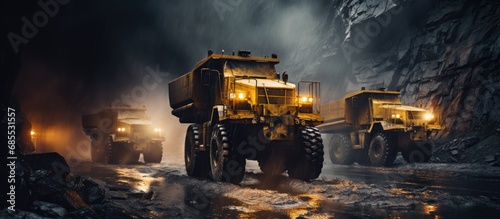 Yellow mining trucks move overburden in a coal mine, raising environmental concerns.