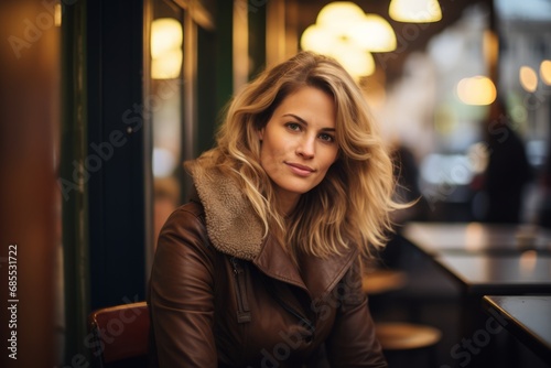 Portrait of a beautiful young woman with blond hair in a cafe