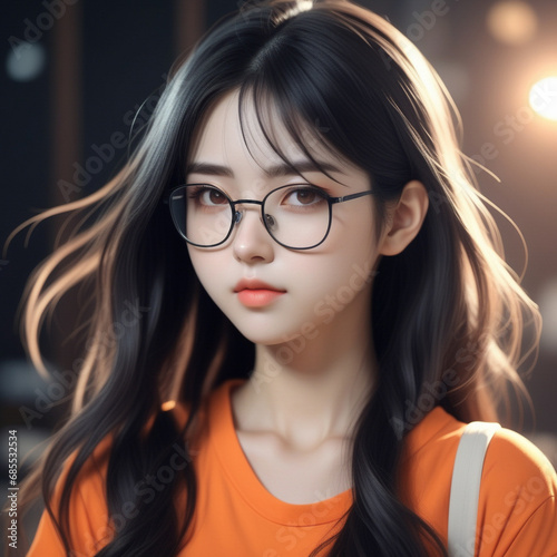 Beautiful anime girl wearing ฺ orange shirt, wavy long black hair and glasses, nerdy appearance. ai generative photo