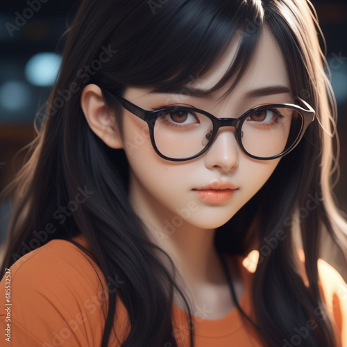 Beautiful anime girl wearing ฺ orange shirt, wavy long black hair and glasses, nerdy appearance. ai generative