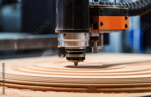 CNC machine cuts shapes on wood plywood close-up