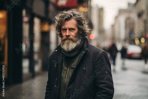 Handsome mature man with long gray beard and mustache in a black leather jacket on a city street