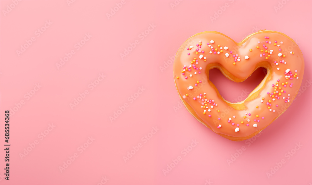 Heart-shaped donut with pink frosting on a soft pastel pink background. Design for bakery, Valentine's Day and Woman day present. Isolated Heart-shaped donut with pink frosting on a soft pastel pink background. Design for bakery, Valentine's Day and Woman day present. Isolated