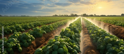 Potato field irrigation with a central sprinkler system.