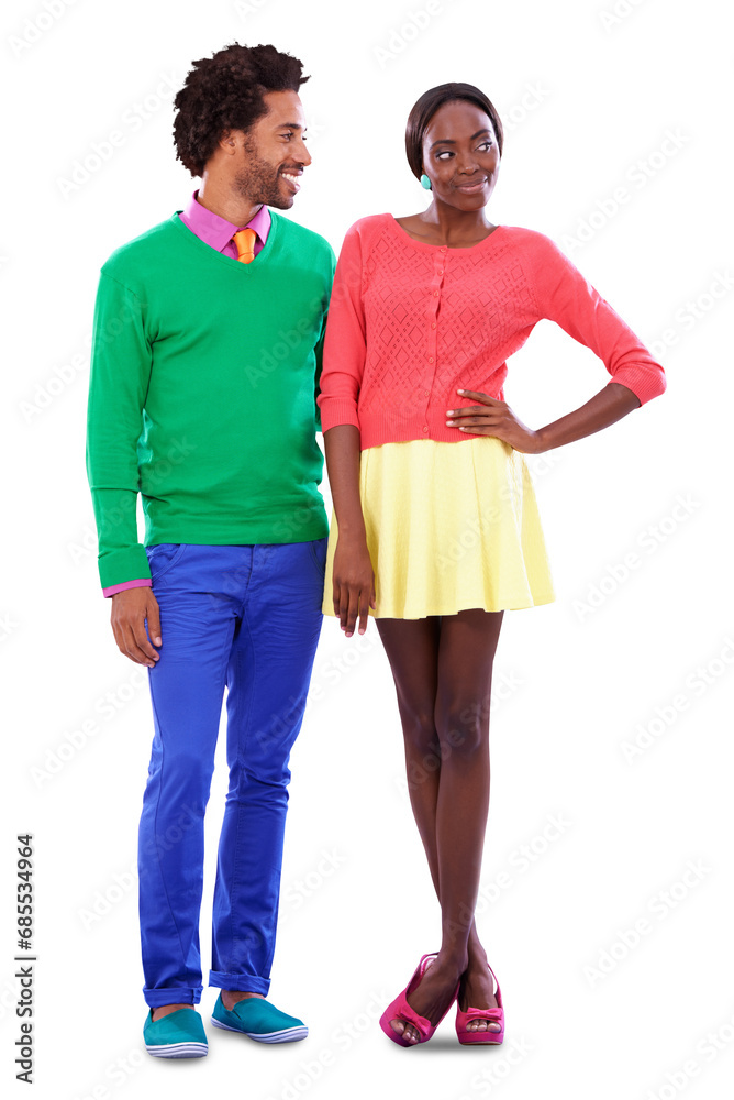 Retro fashion, color and happy couple isolated on transparent png background together on date. Love, flirt and smile, black man and shy woman with vintage style, vibrant clothes and bright romance. Retro fashion, color and happy couple isolated on transparent png background together on date. Love, flirt and smile, black man and shy woman with vintage style, vibrant clothes and bright romance.