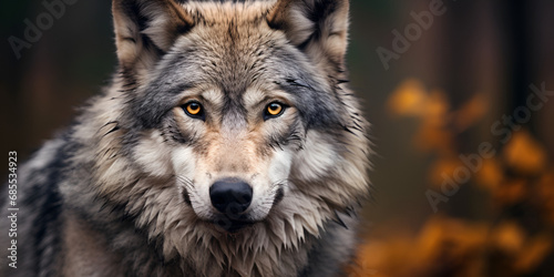 Portrait of a wolf in the forest. A Grey Wolf staring close up portrait .A Close-Up Portrait of a Grey Wolf in the Forest .